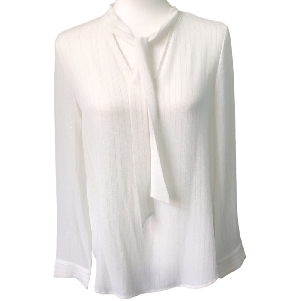 Adrianna Papell Sheer White Tie Neck Blouse Long Sleeve Size Small Fits Medium